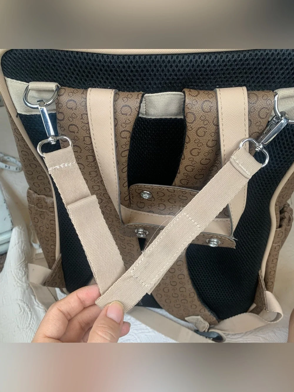 Guess Mocha Brown Lottie Monogram Print Travel Diaper Bag Backpack